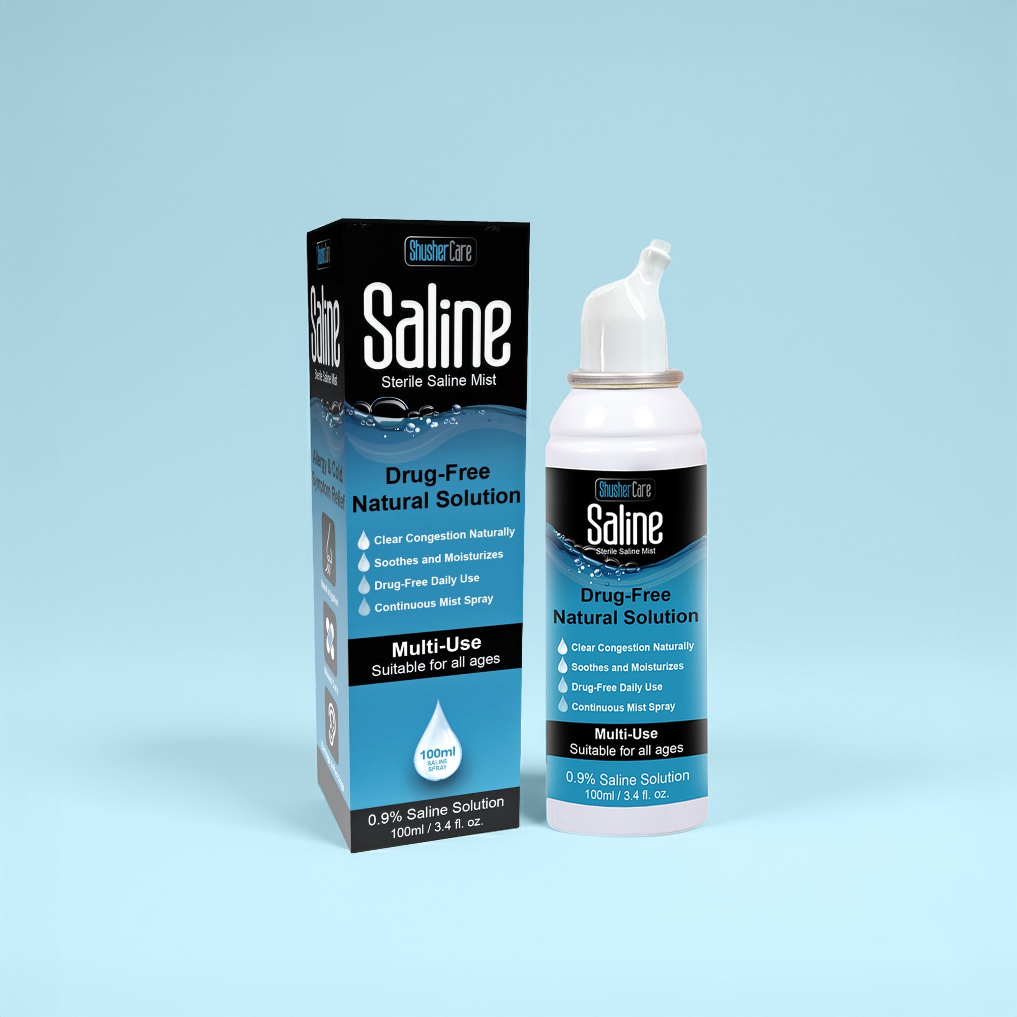 Shusher Care Saline Mist Spray – Drug-Free, Multi-Use Sterile Saline for Nasal, Wound & Piercing Care - 3-Pack