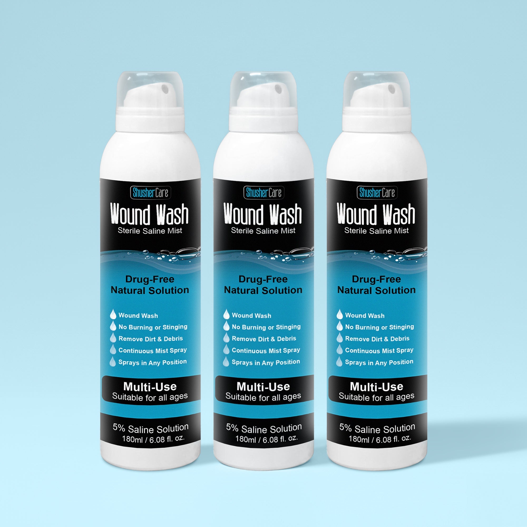 Shusher Care Wound Wash Spray – Sterile 5% Hypertonic Saline for Cuts, Scrapes & Wound Irrigation - 3-Pack