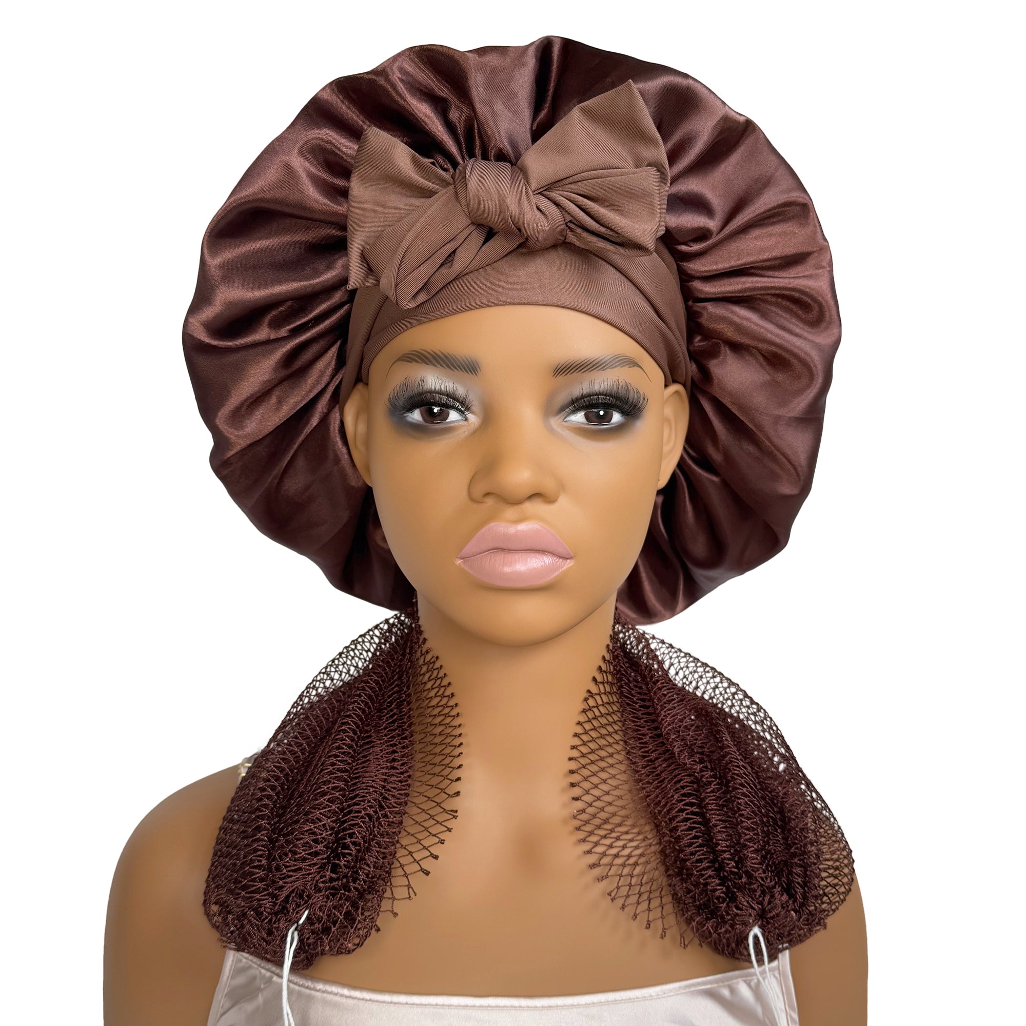 Satin Bonnet + African Exfoliating Net Sponge Set, Sleep Cap Hair Care Bonnet for Curly Hair - Brown Bonnet + Brown Sponge