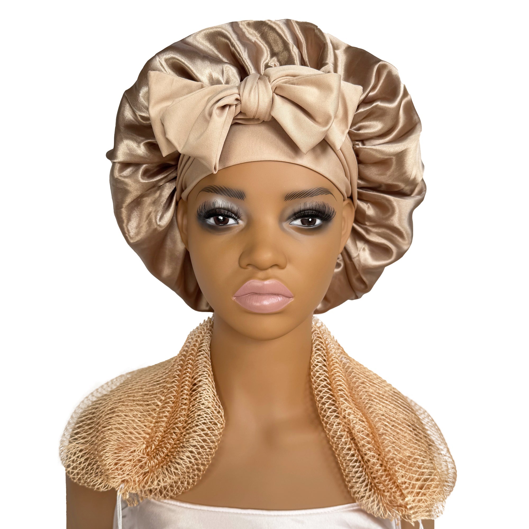 Satin Bonnet + African Exfoliating Net Sponge Set, Sleep Cap Hair Care Bonnet for Curly Hair - Champagne Bonnet + Champagne Sponge
