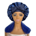 Satin Bonnet + African Exfoliating Net Sponge Set, Sleep Cap Hair Care Bonnet for Curly Hair - Dark Blue Bonnet + Navy Blue Sponge