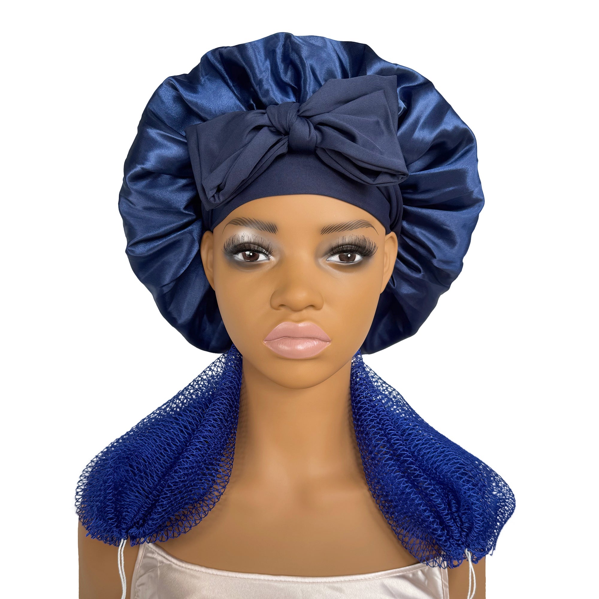 Satin Bonnet + African Exfoliating Net Sponge Set, Sleep Cap Hair Care Bonnet for Curly Hair - Dark Blue Bonnet + Navy Blue Sponge
