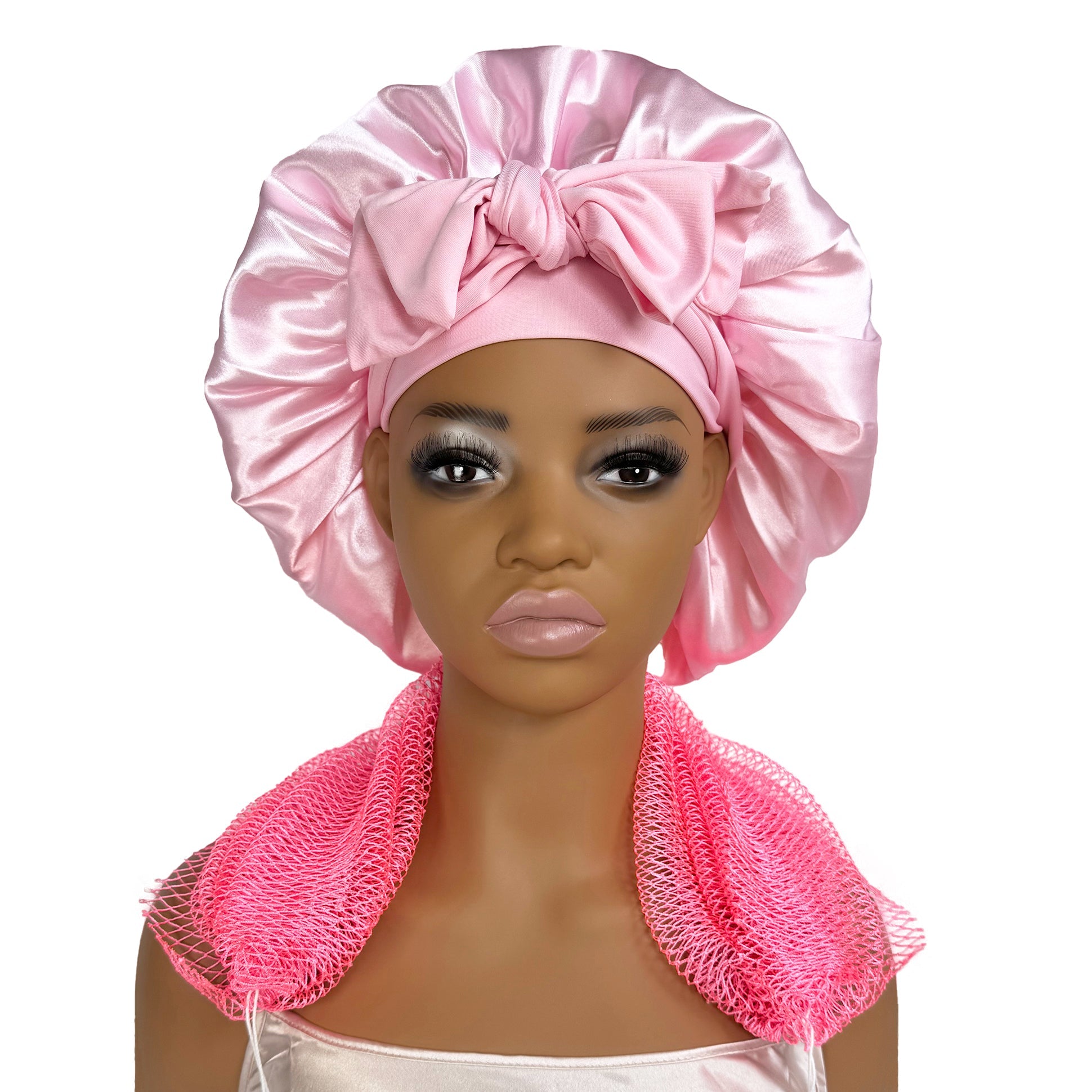 Satin Bonnet + African Exfoliating Net Sponge Set, Sleep Cap Hair Care Bonnet for Curly Hair - Pink Bonnet + Pink Sponge
