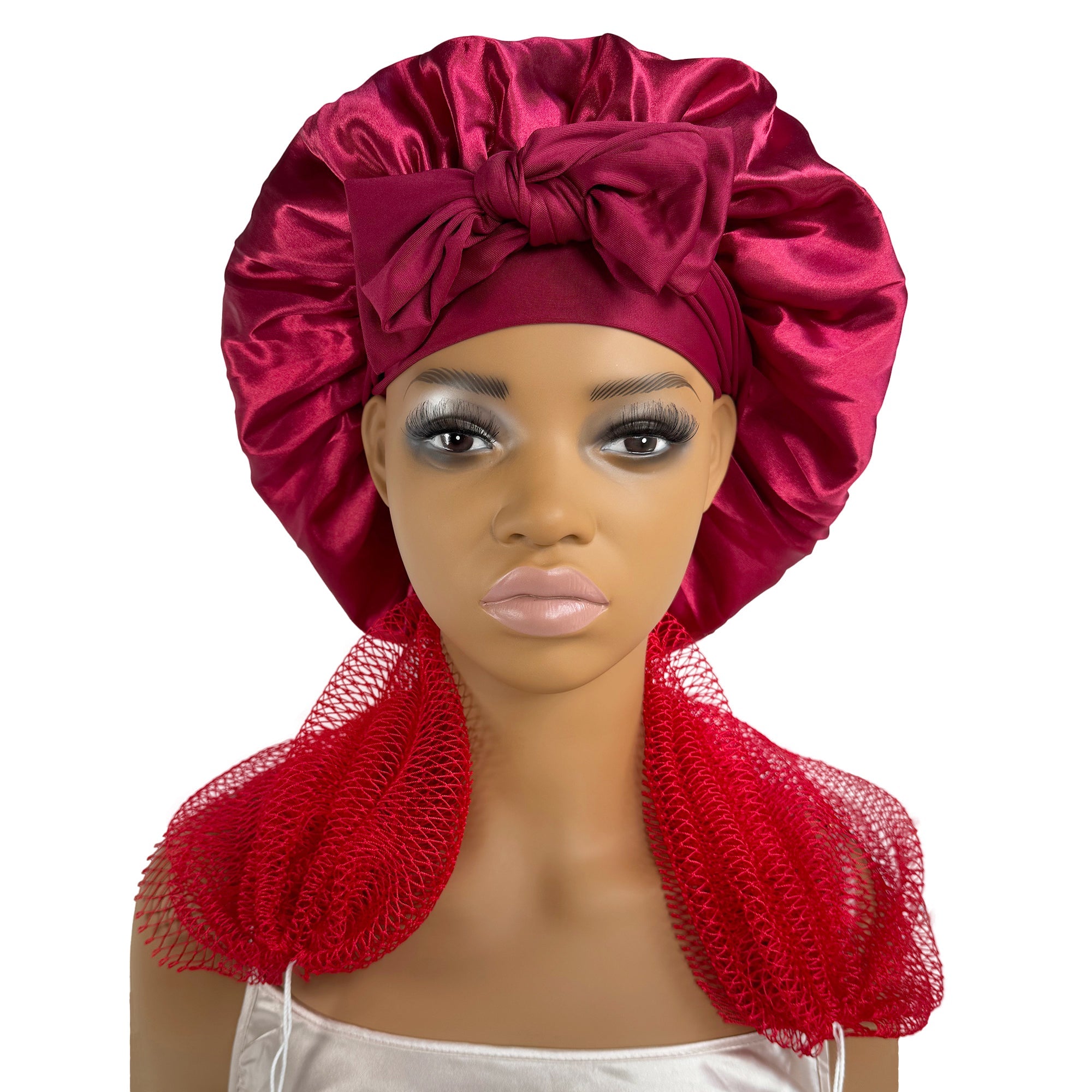 Satin Bonnet + African Exfoliating Net Sponge Set, Sleep Cap Hair Care Bonnet for Curly Hair - Red Bonnet + Coral Red Sponge