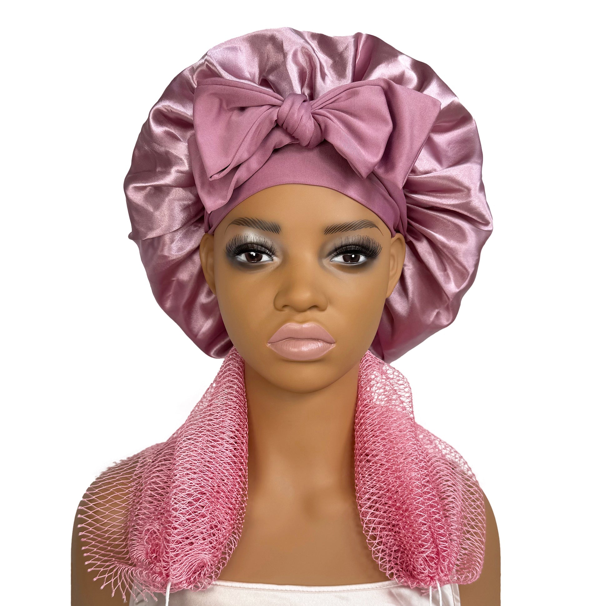Satin Bonnet + African Exfoliating Net Sponge Set, Sleep Cap Hair Care Bonnet for Curly Hair - Dusty Rose Bonnet + Rose Pink Sponge