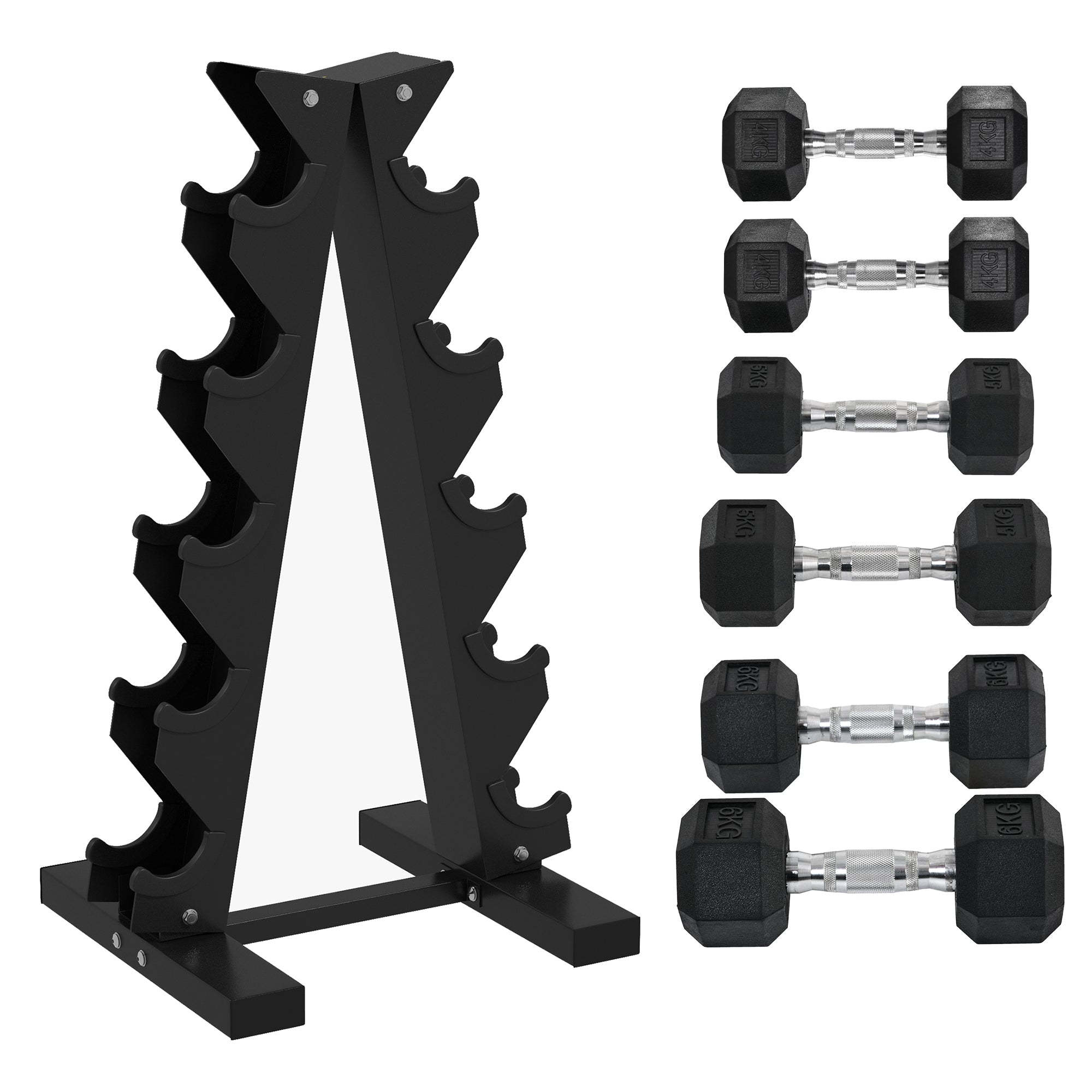 SPORTNOW 5-Tier Dumbbell Rack with 6 Hexagonal Rubber Dumbbells (2x4kg, 2x5kg, 2x6kg), Dumbbell Storage Stand Holder with Weights Sets for Home Gym