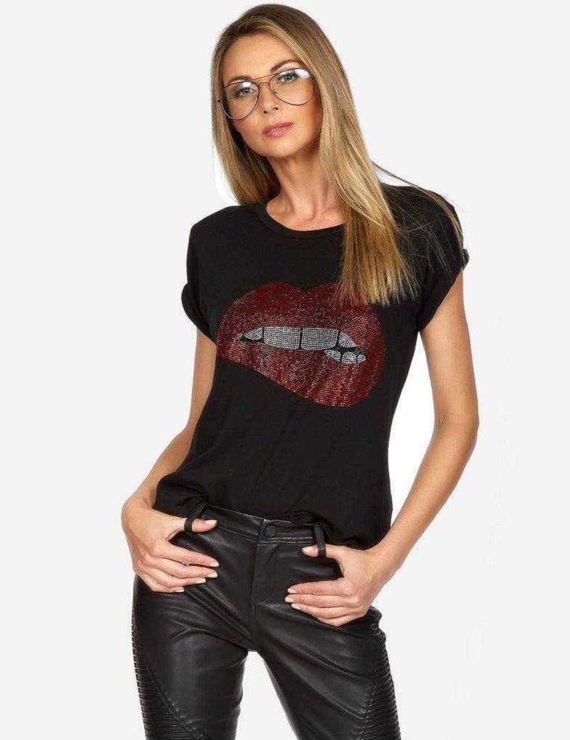 Lauren Moshi Edda Crystal Biting Lip T-Shirt - M / Black