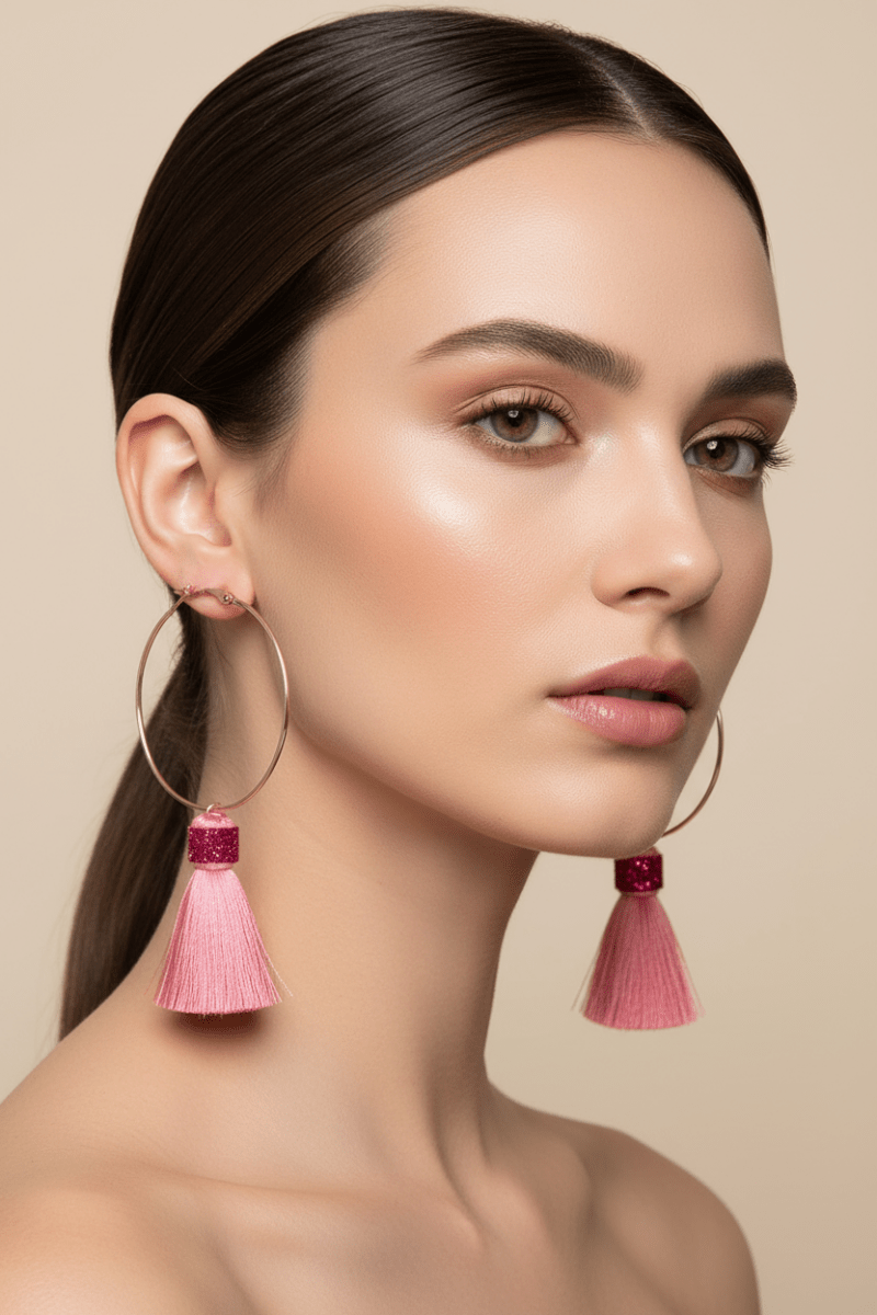 Suzywan DELUXE Fuchsia Tassel Hoop Earrings - Pink