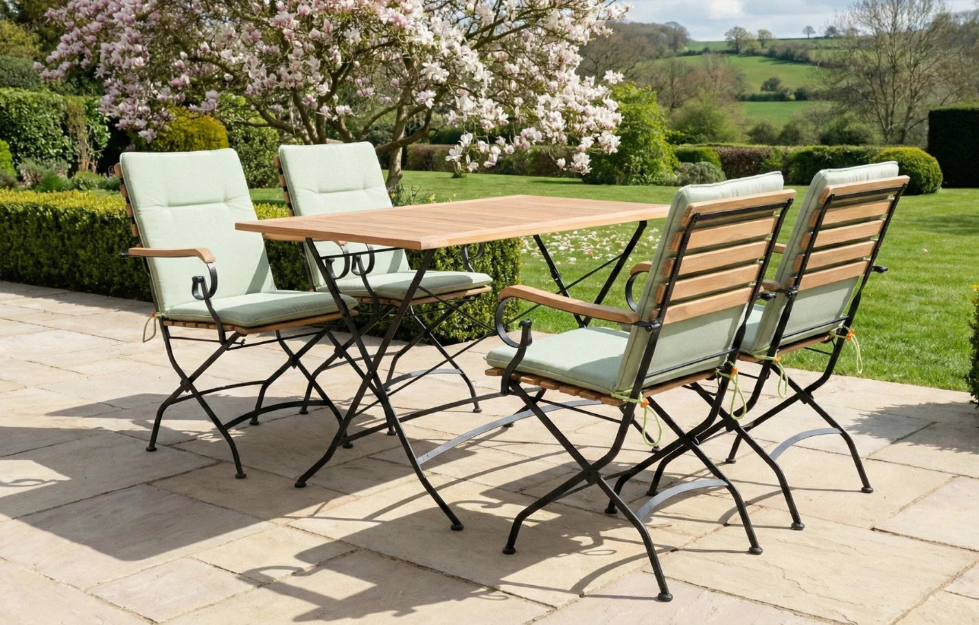 Sicily 4 Seater Teak and Wrought Iron Rectangular 120cm Garden Dining Set - Apple Green