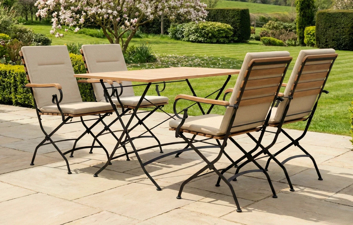 Sicily 4 Seater Teak and Wrought Iron Rectangular 120cm Garden Dining Set - Sand