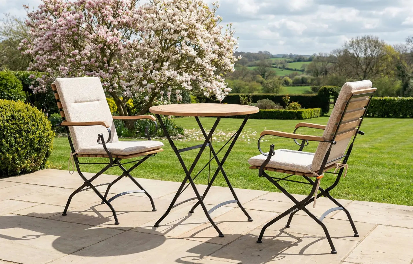 Sicily 2 Seater Teak and Wrought Iron Round 70cm Garden Dining Set - Beige