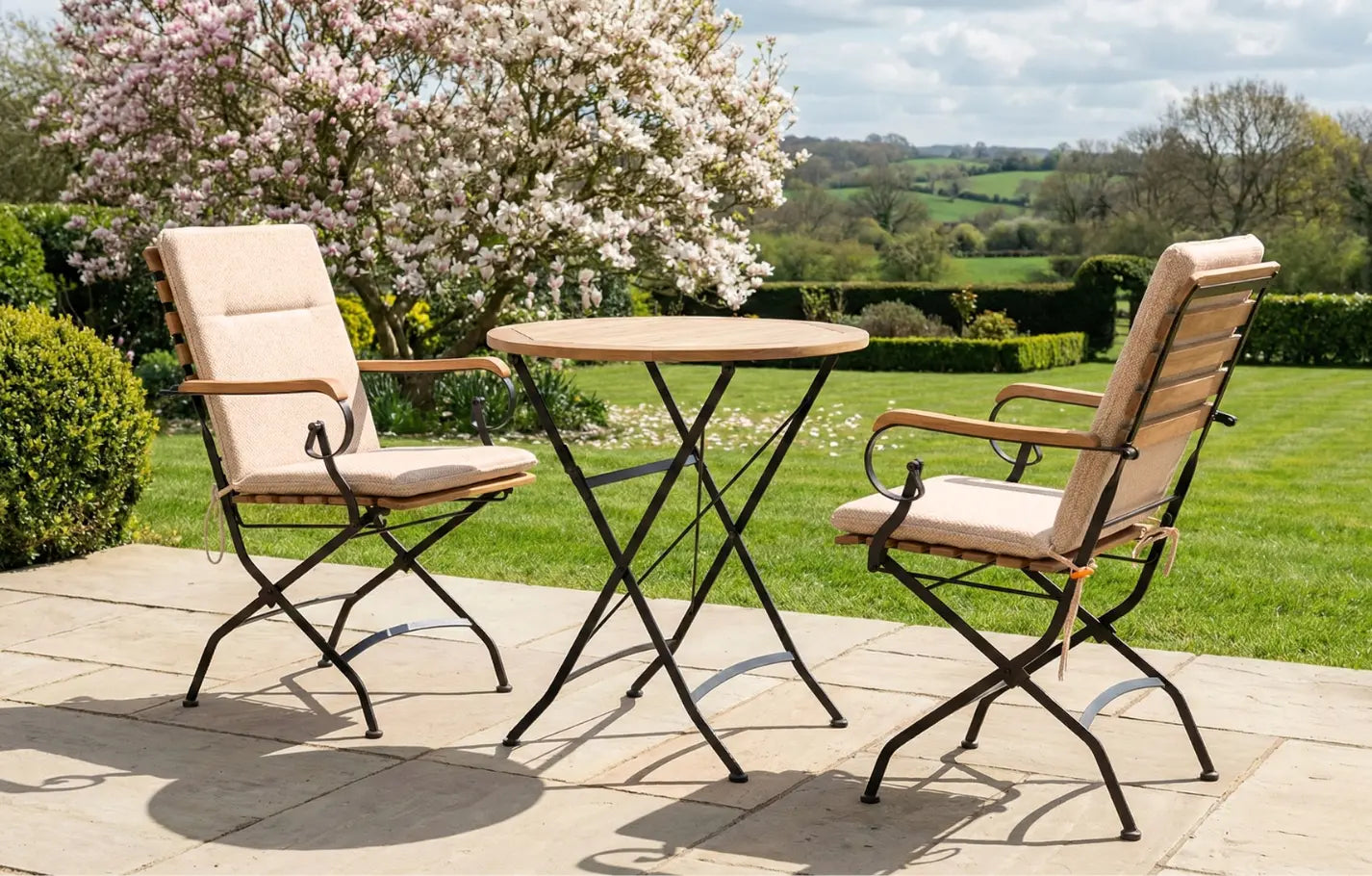 Sicily 2 Seater Teak and Wrought Iron Round 70cm Garden Dining Set - Sand