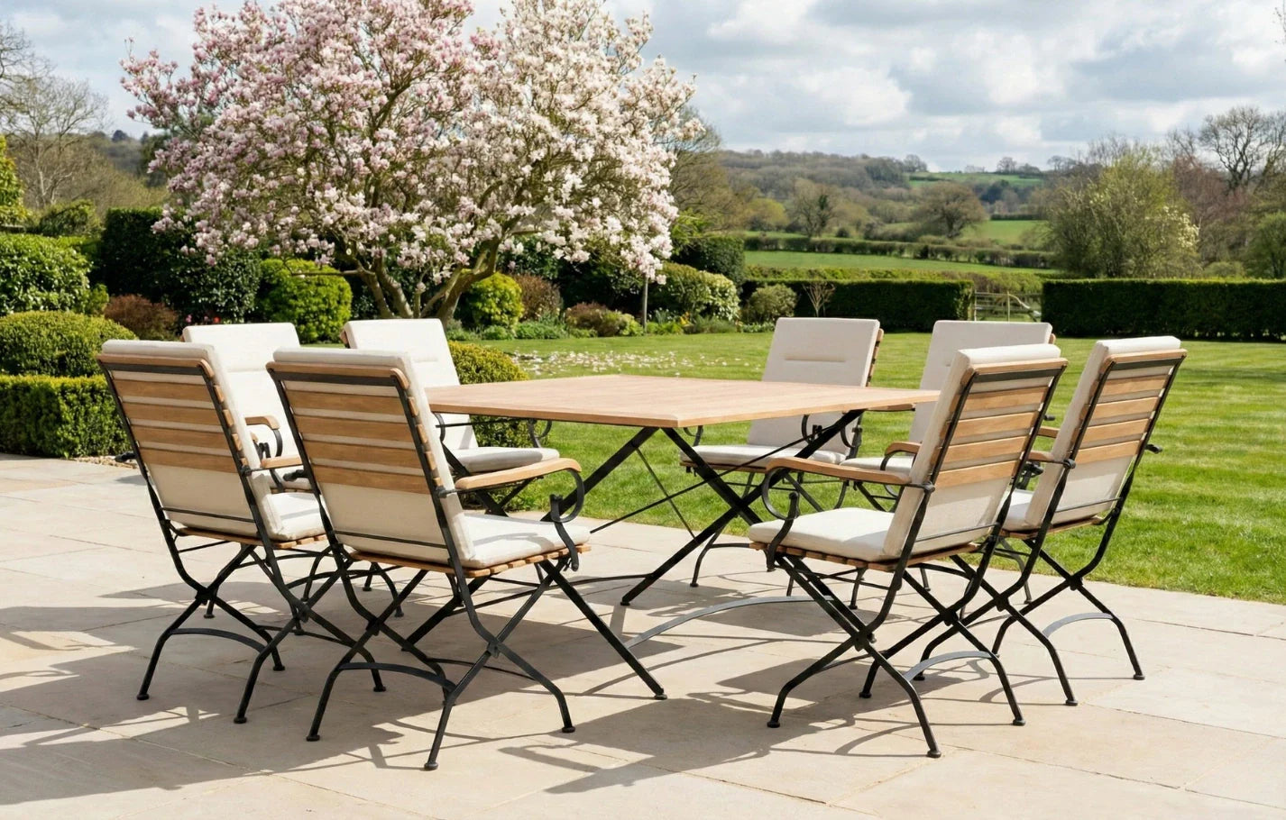 Sicily 8 Seater Teak and Wrought Iron Square 140cm Garden Dining Set - Beige