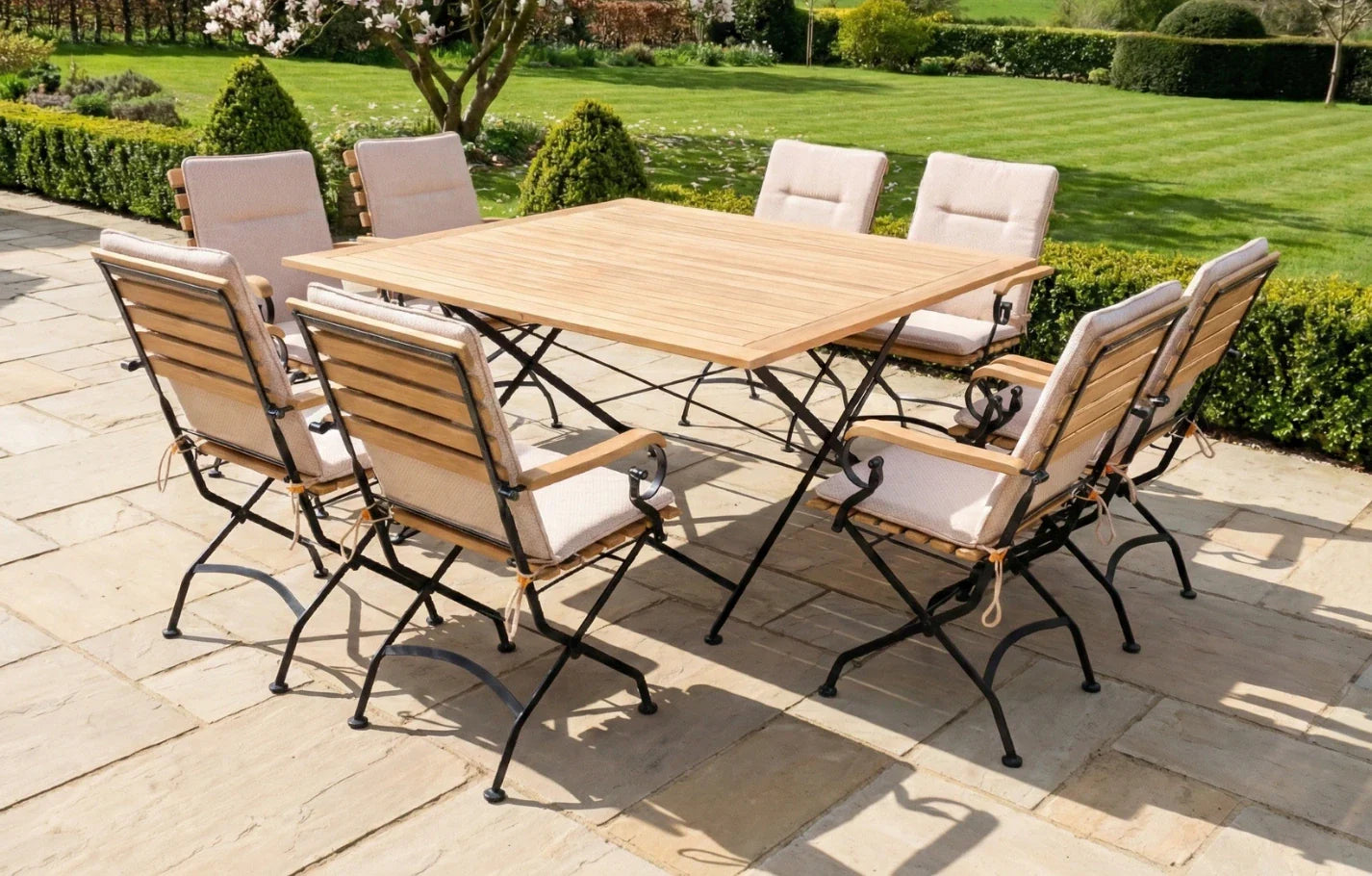 Sicily 8 Seater Teak and Wrought Iron Square 140cm Garden Dining Set - Sand