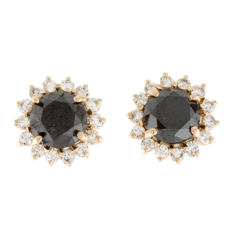 Round Black Diamond Halo Stud Earrings - 10K Yellow Gold