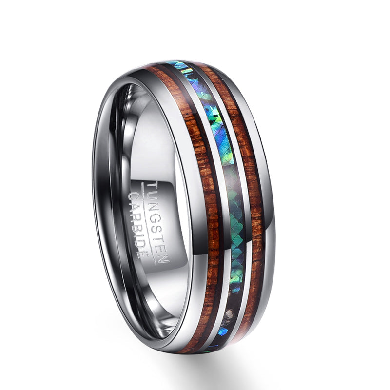 8mm Hawaiian Koa Wood and Abalone Shell Tungsten Carbide Ring - 7 / colorful