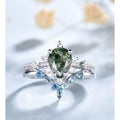 0.8CT Teardrop Moss Agate Engagement Ring Blue Topaz Stacking Band