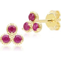 Floral Ruby Three Stone Stud Earrings in 9ct Yellow Gold