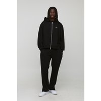 Oversized Boxy Man Script Embroidered Zip Through Hoodie Tracksuit, Negro