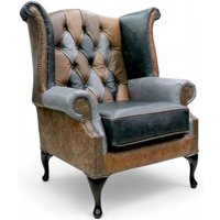 Chesterfield Patchwork Queen Anne Wing Chair Vintage Cracked Wax Leather
