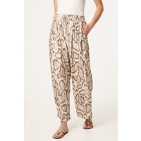 Snake Print Drawstring Wide Leg Trousers - S / BEIGE