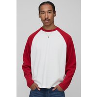 Oversized Boxy Heavyweight Waffle Raglan Long Sleeve T-Shirt, Rojo