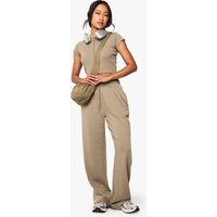 Conjunto De Pantalón Deportivo De Pernera Recta Y Top De Manga Corta Y Canalé Con Cremallera, Gris