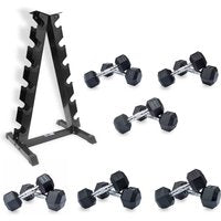 DKN 4kg to 10kg Rubber Hex Dumbbell Set with Storage Rack - 6 Pairs