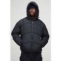 Regular Fit Pintuck Panel Hooded Puffer Jacket, Negro