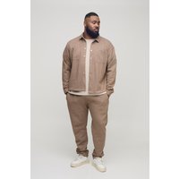 Conjunto Plus De Pantalón Ajustado Y Camisa Sobrecamisa Texturizada, Beige