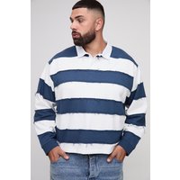 Plus Oversized Boxy Distressed Long Sleeve Rugby Polo, Azul