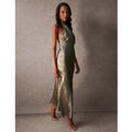 Luxe Twist Front Halter Neck Lame Dress - 16 / GOLD