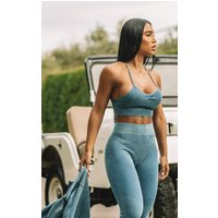 Dark Blue Acid Wash Seamless Soft Rib Longline Cage Back Top
