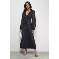Warehouse Women's Sequin Embellished Fluffy Plunge Neck Midi Dress in Black | Size: 6