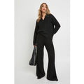 Conjunto Coordinado De Pantalón De Pernera Ancha Y Jersey De Punto En Ochos Suave Con Cuello De Polo, Negro