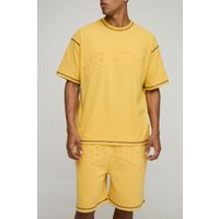 Oversized Peached Embossed Contrast Stitch T-Shirt & Dropped Crotch Shorts Set, Amarillo