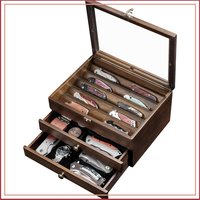 3-Layer Wooden Knife Display Case with Glass Lid & Drawers, Pocket Knife Collection Holder