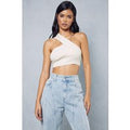 Womens Knitted Ribbed One Shoulder Top - stone - S, Stone