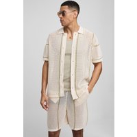 Conjunto De Camisa Regular De Punto Calado Con Botones Y Rayas, Cream