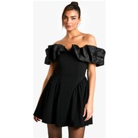 Vestido Skater Estructurado De Tafetán Con Volante Y Escote Bardot, Negro