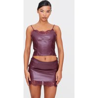 Burgundy Matte Faux Leather Lace Trim Cami Top