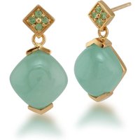 Boho Cushion Cut Jade Cabochon & Peridot Stud Earrings in Gold Plated 925 Sterling Silver