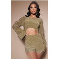 Gold Glitter Plisse Flare Sleeve Cut Out Playsuit, Golden Tan