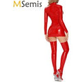 Women Glossy PU Leather Latex Bodycon Mini Dress Long Sleeve Front Hollow Out Zipper Crotch Dress Rave Clubwear for Pole Dancing
