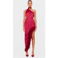 Red Satin High Neck Feather Trim Maxi Dress