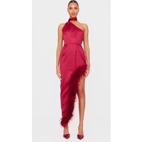 Red Satin High Neck Feather Trim Maxi Dress