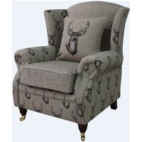 Wing Chair Fireside High Back Armchair Antler Stag Chocolate