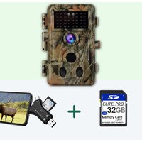 Caméra de Chasse 64MP HD 1296P et Nocturne Vision,0,1s Vitesse de Dclenchement IP66 Étanche, carte SD 32Go et lecteur carte SD|A262 Vert