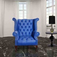 Chesterfield Buttoned Queen Anne High Back Wing Chair UK Manufactured Marine Blue