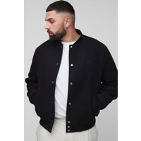Plus Regular Fit Embroidered Melton Bomber Jacket, Negro